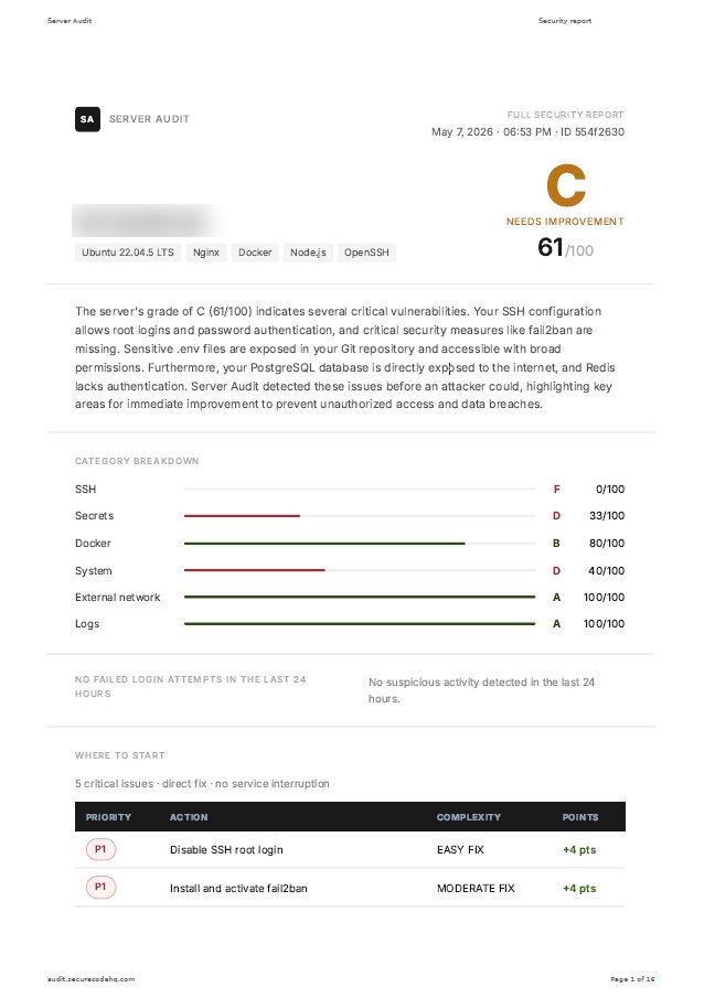 Screenshot of a real Server Audit security report